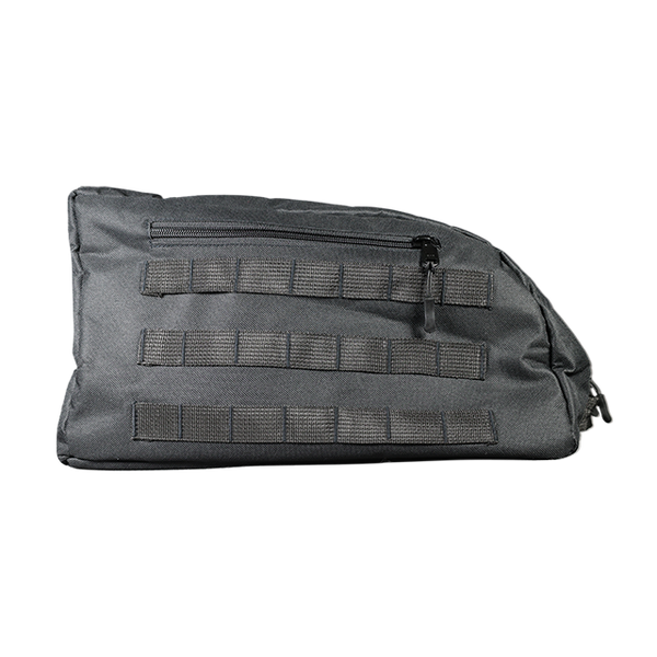 Black tactical pouch with multiple MOLLE straps on a white background