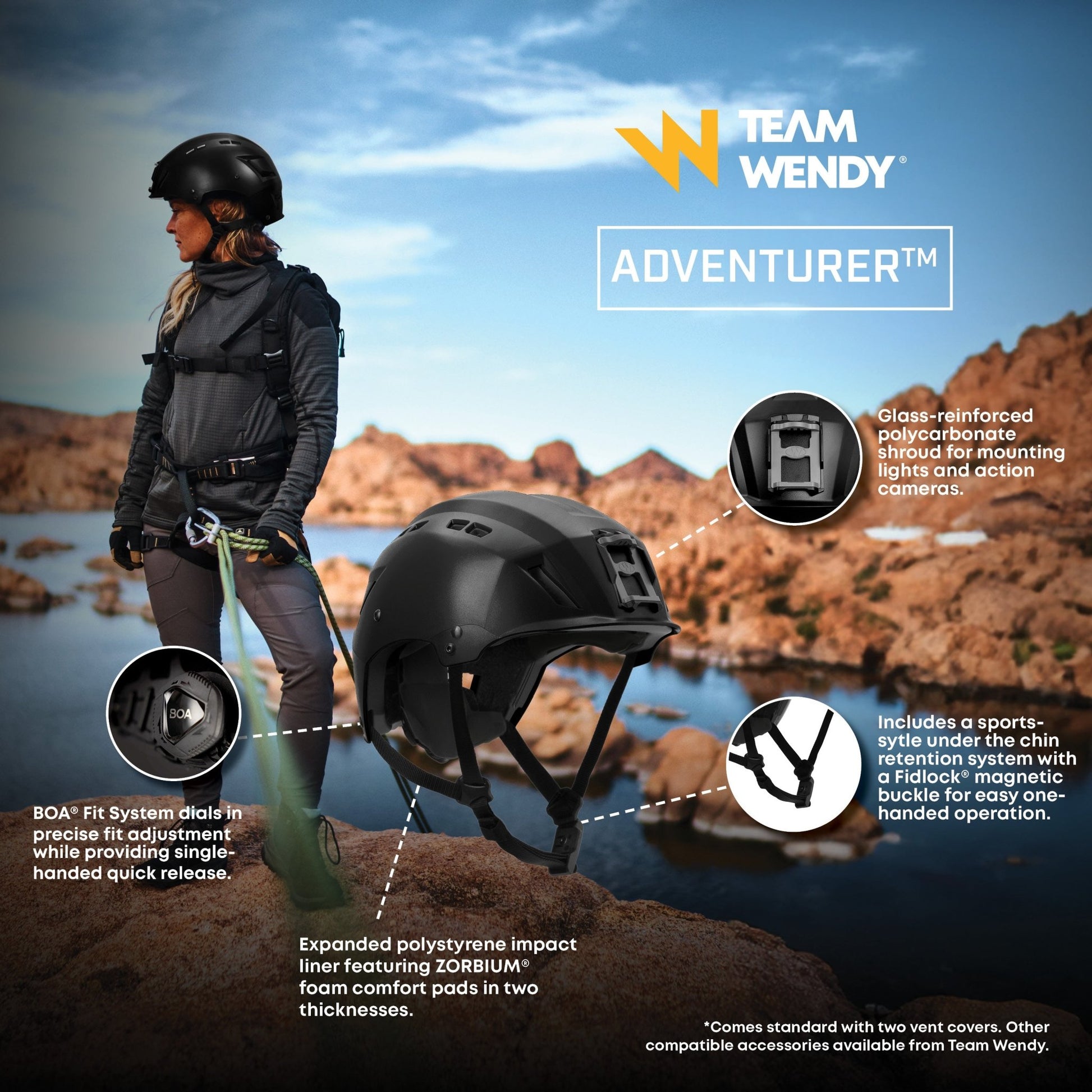 Person with a helmet and backpack in a desert landscape, featuring Team Wendy Adventurer helmet and backpack.