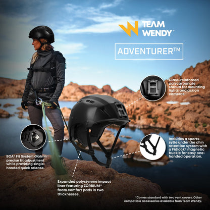 Person with a helmet and backpack in a desert landscape, featuring Team Wendy Adventurer helmet and backpack.