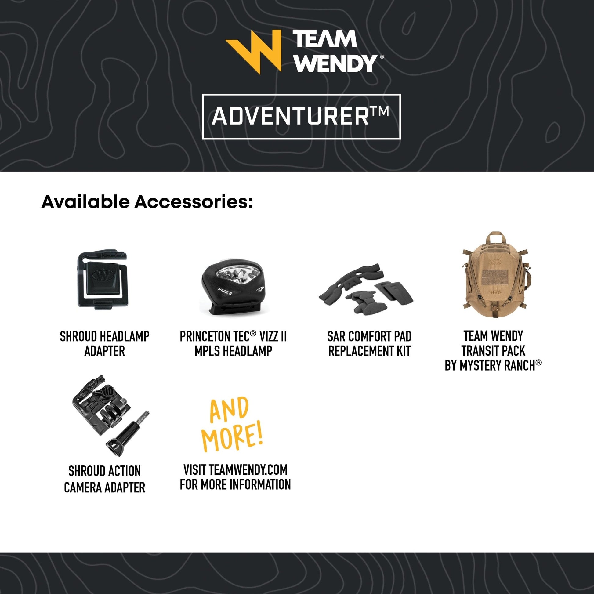 Team Wendy Adventurer accessories with product icons and text on a dark background