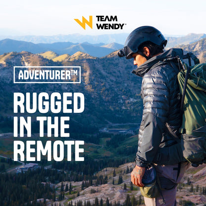 Person with a backpack and helmet overlooking mountains, with 'Team Wendy' branding.