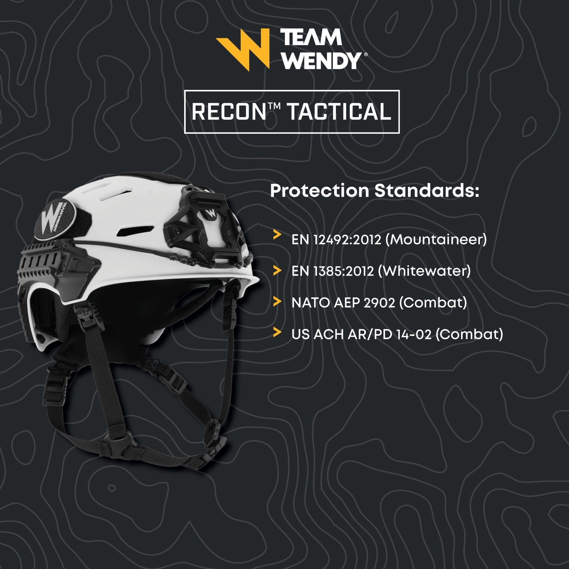 Tactical helmet with Team Wendy logo and protection standards on a dark background