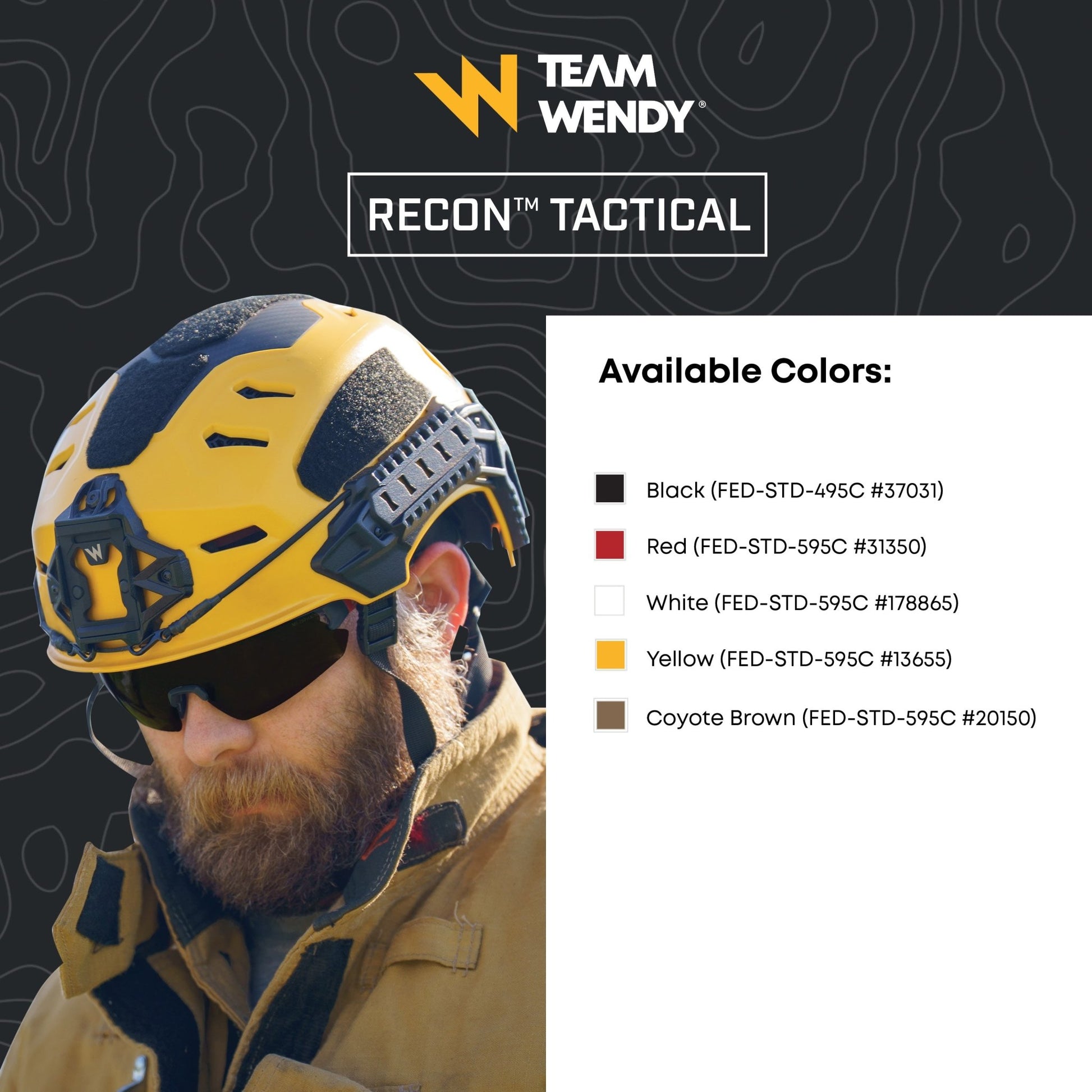Person wearing a yellow tactical helmet with Team Wendy branding and color options listed.