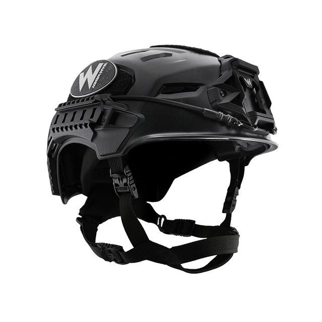 Black tactical helmet with a visible brand logo on a white background