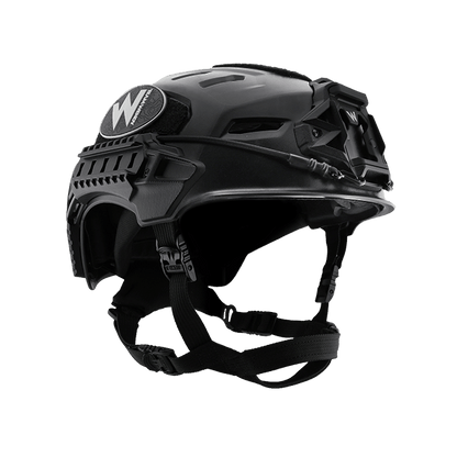 Black tactical helmet with a visible brand logo on a white background