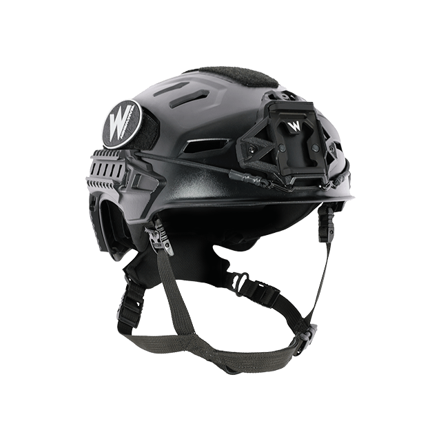Black tactical helmet with chin strap on a white background