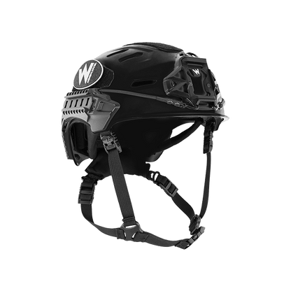 Black tactical helmet with straps on a white background