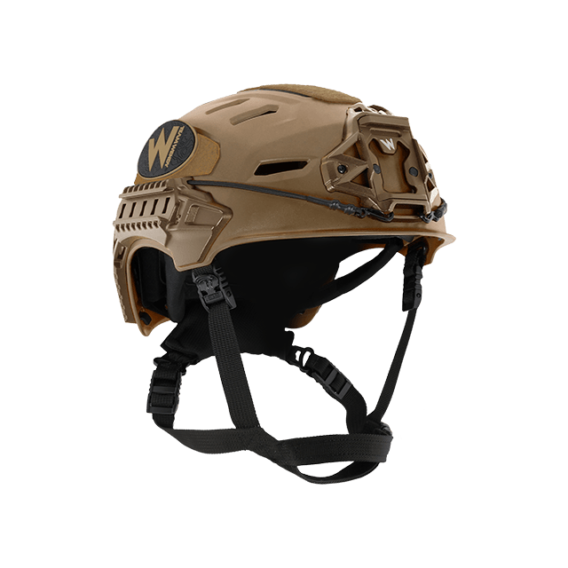 Tan tactical helmet with black logo on a white background