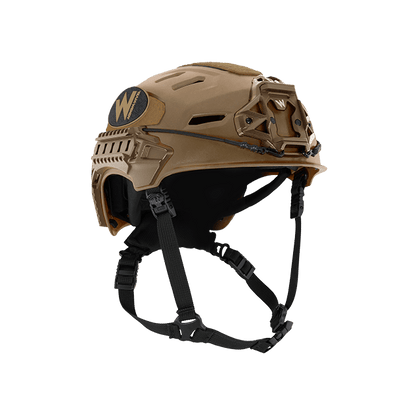 Tan tactical helmet with black straps on a white background