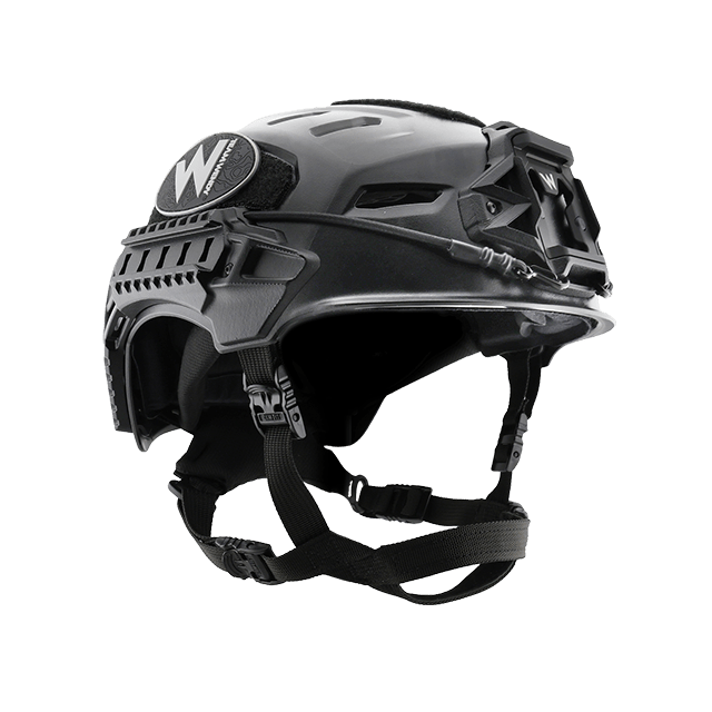 Black tactical helmet with a visible brand logo on a white background