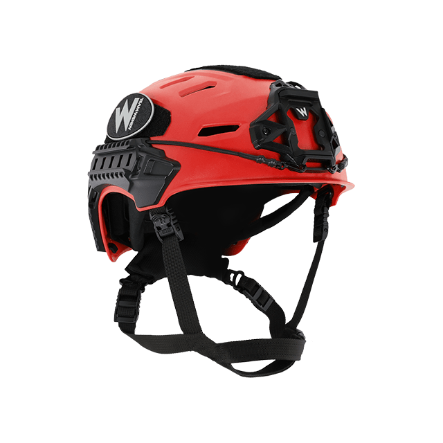 Red helmet with black straps on a white background