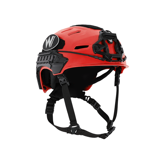 Red helmet with black straps on a white background