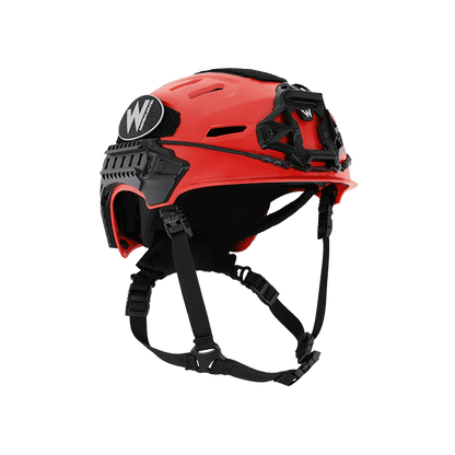 Red helmet with black straps on a white background