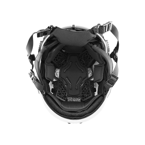 Black tactical helmet with visor on a white background