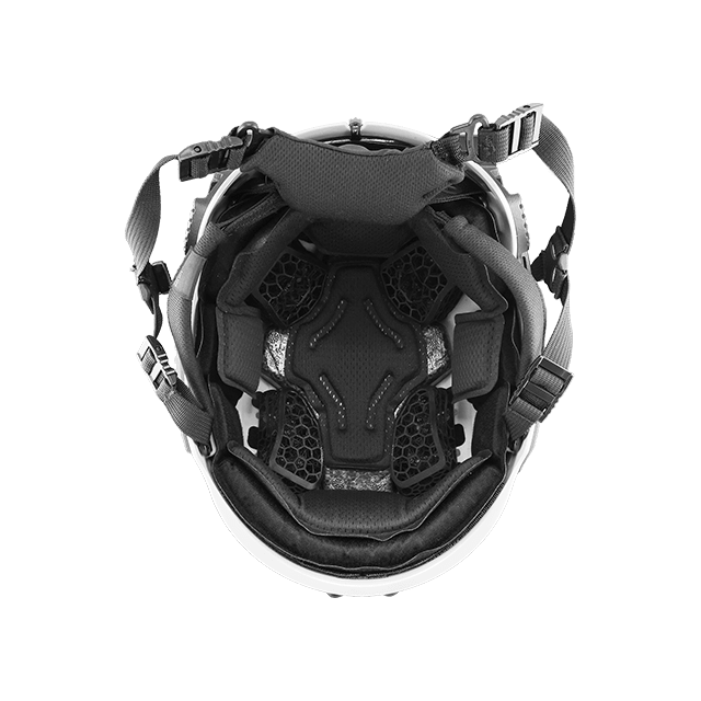 Black tactical helmet with visor on a white background