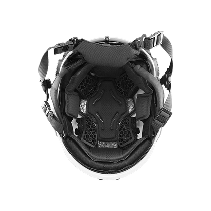 Black tactical helmet with visor on a white background
