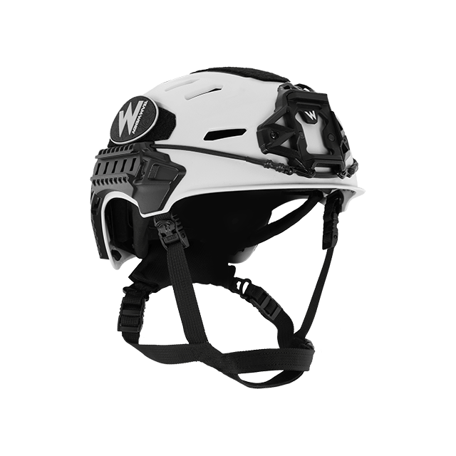 White helmet with black accents on a white background