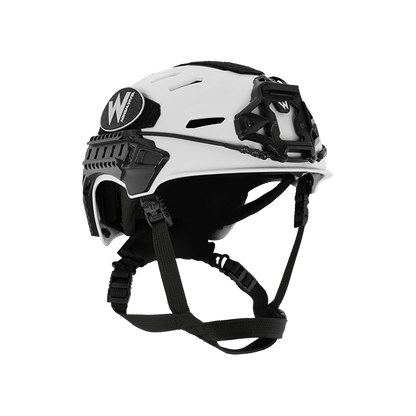 White helmet with black accents on a white background