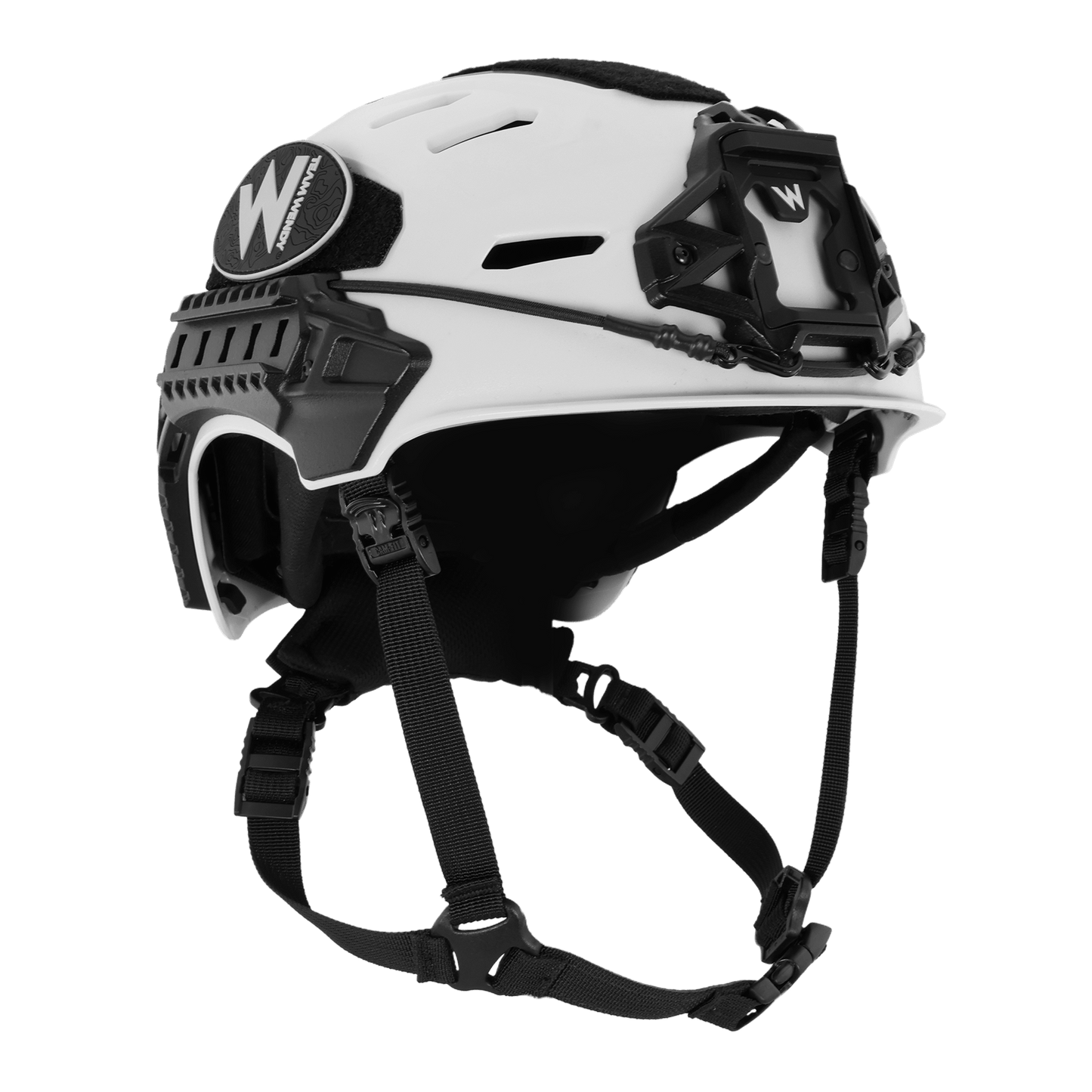 White helmet with black accents and visible branding on a white background