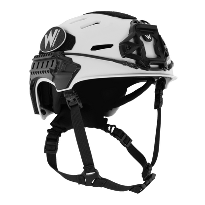 White helmet with black accents and visible branding on a white background
