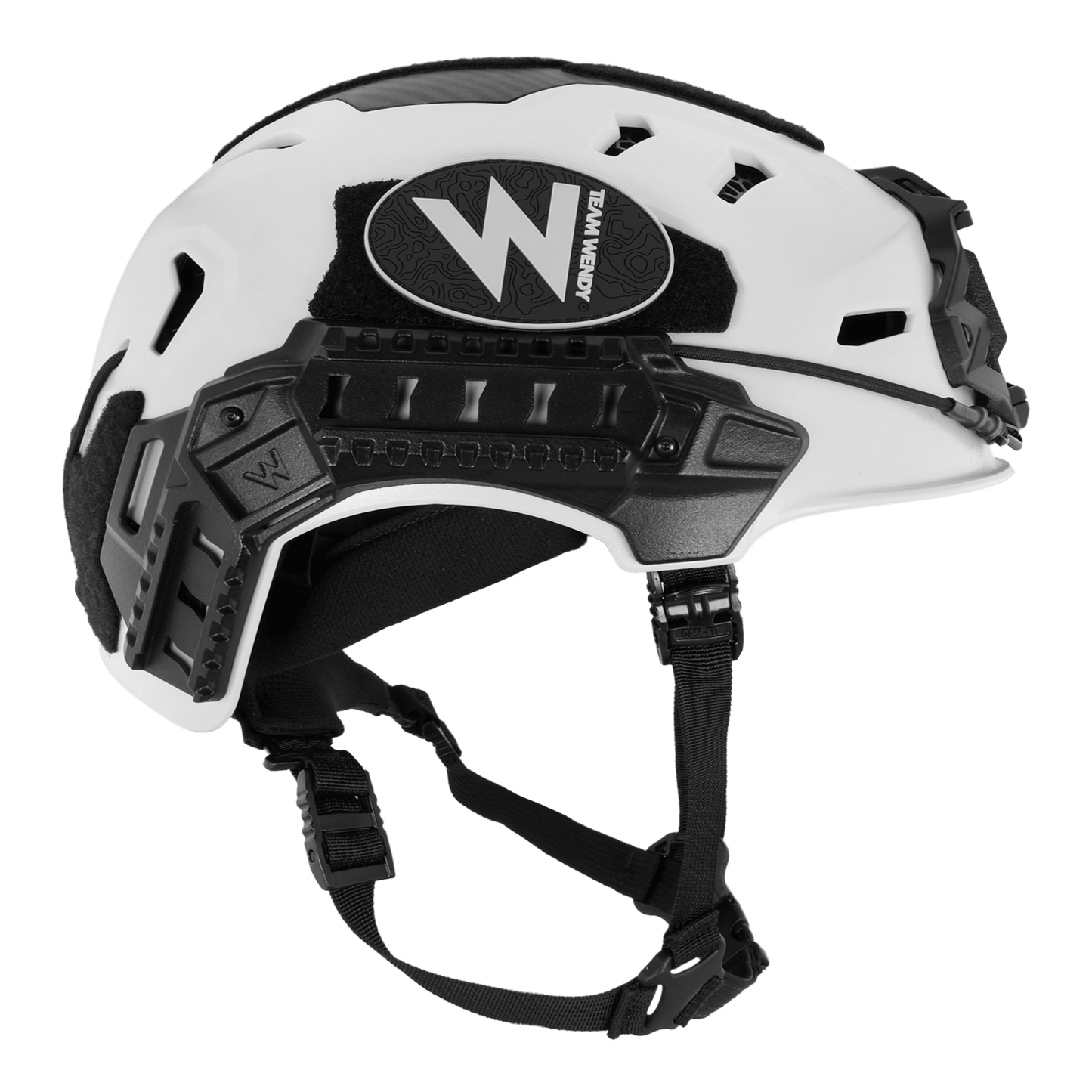 White and black tactical helmet with a visible brand logo on a white background