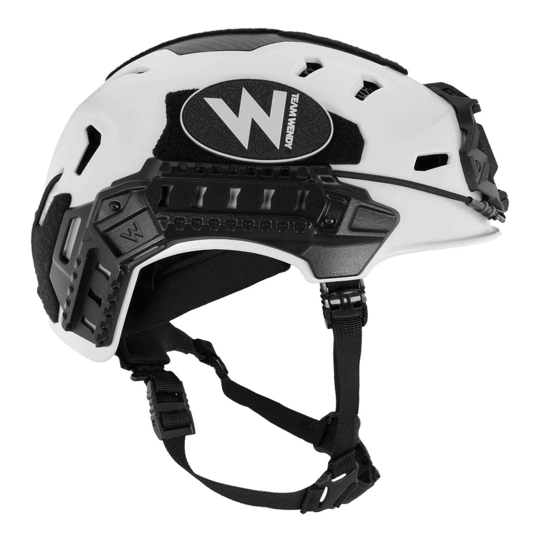 White and black tactical helmet with a visible brand logo on a white background