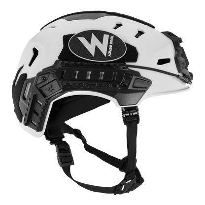 White and black tactical helmet with a visible brand logo on a white background