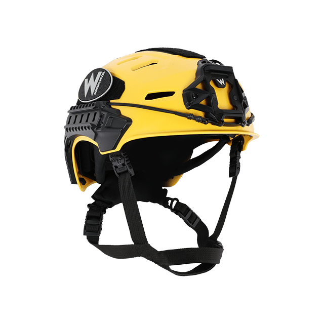 Yellow helmet with black straps on a white background