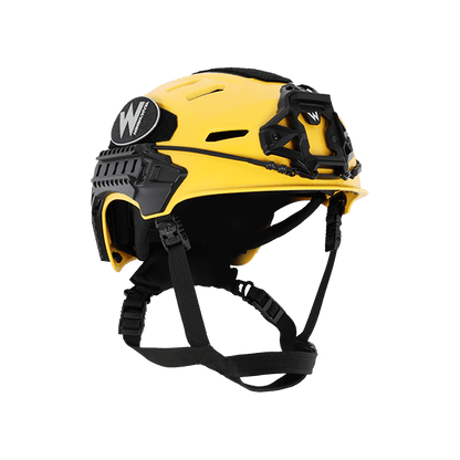 Yellow helmet with black straps on a white background