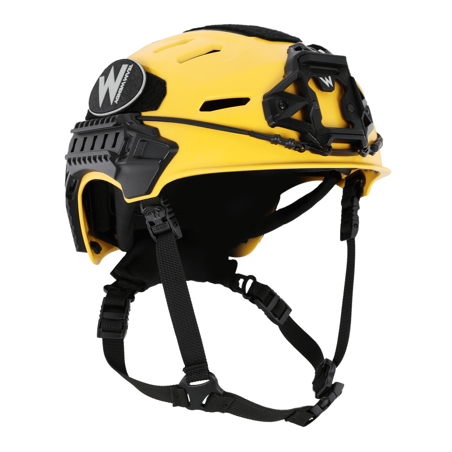 Yellow helmet with black straps on a white background