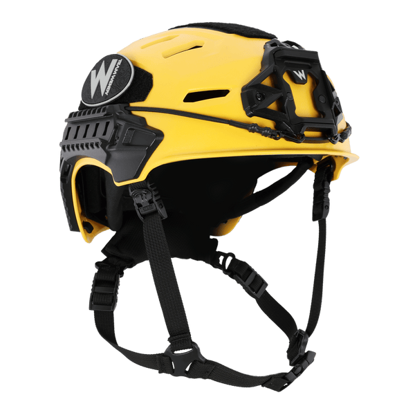 Yellow helmet with black straps on a white background