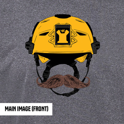 yellow helmet with brown mustache on gray background