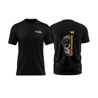 team wendy tshirt with front of shirt with team wendy logo and back of shirt skull with helmet